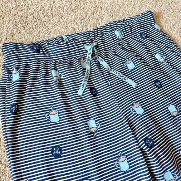 Life Is Good Sleep Pajama Joggers Coffee Mug Navy Stripe Lounge Women’s Medium - Picture 3 of 8